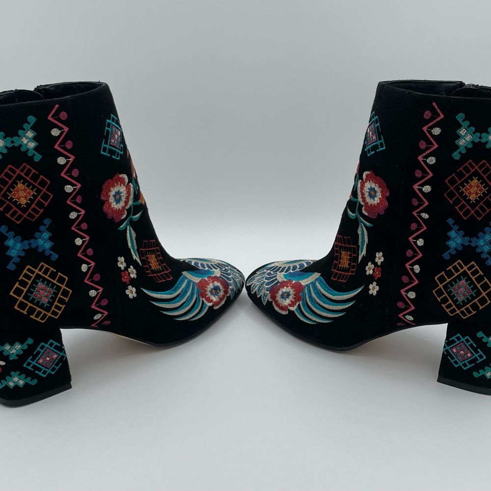 Embroidered Black Velvet Ankle Boots with Multicolor Floral Accents - Picture 5 of 16